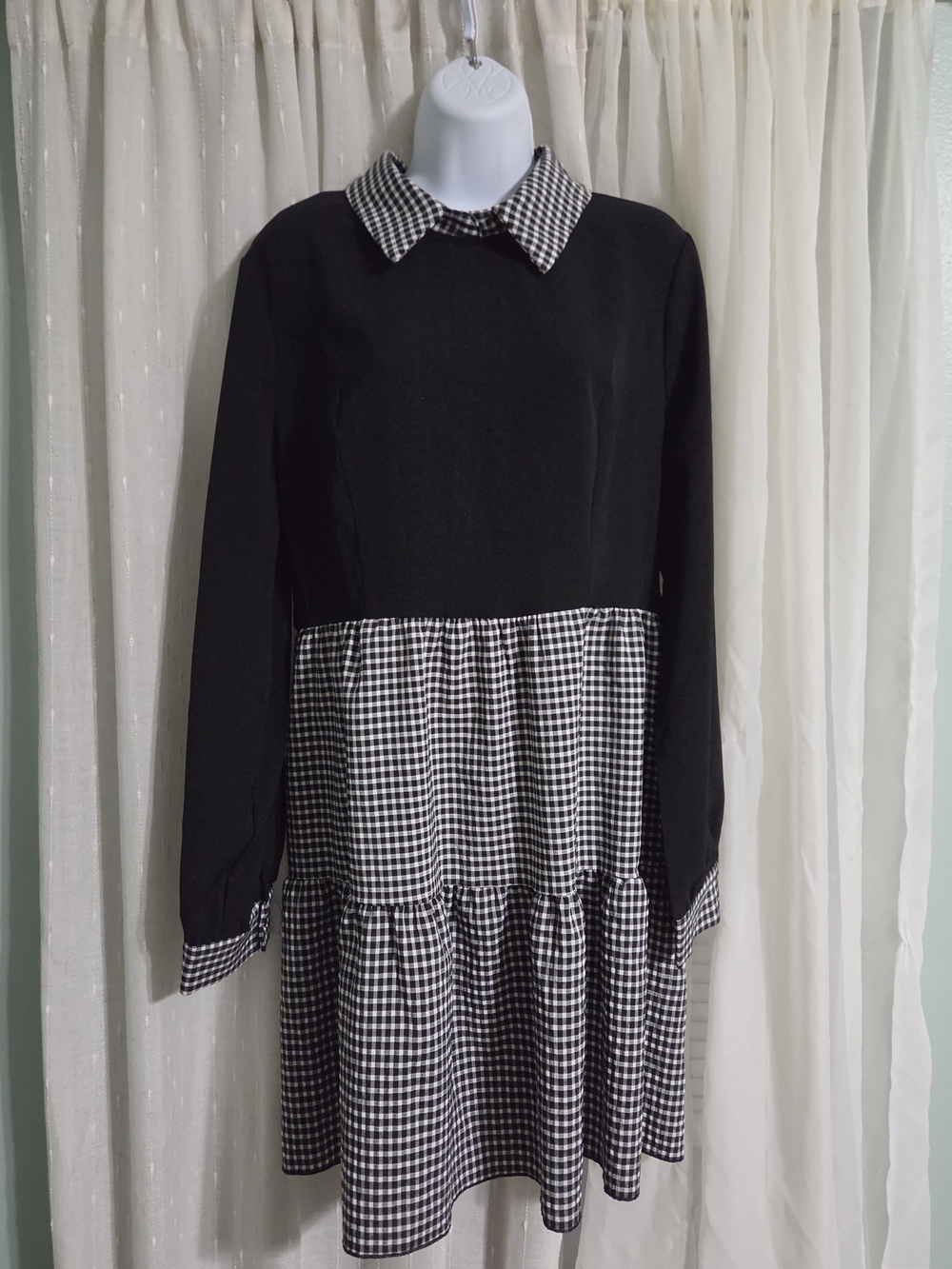 SHEIN Black & White Gingham Collared Tiered Dress